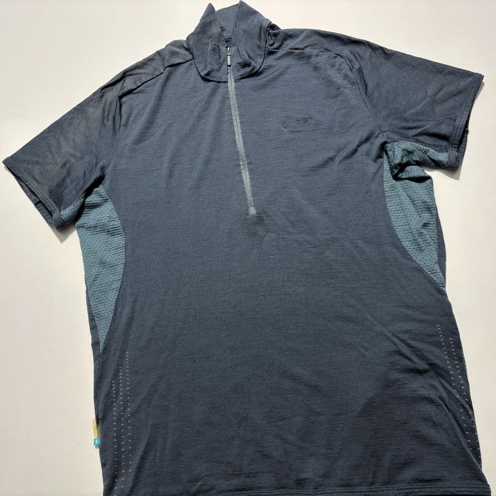 Icebreaker Shirt 1/4 Zip Short Sleeve Mock Neck Blue Gray Wool (Size M-L?) READ